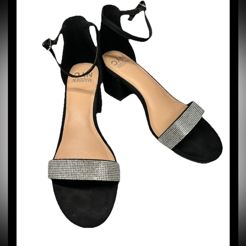 MADDEN NYC Black & Rhinestone Single Band Block Heel Ankle Strap Sandal Sz 9